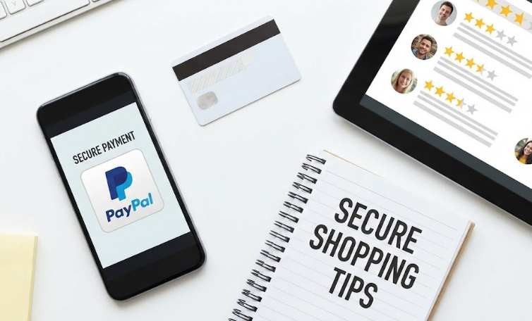 Temuを安全に使うための自衛策イメージ。安全な決済画面が表示されたスマホ、レビュー確認用のタブレット、クレジットカードが整理されたデスク